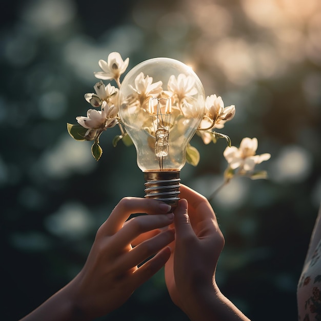 La mano della donna tiene una lampadina luminosa con fiori bianchi morbidi