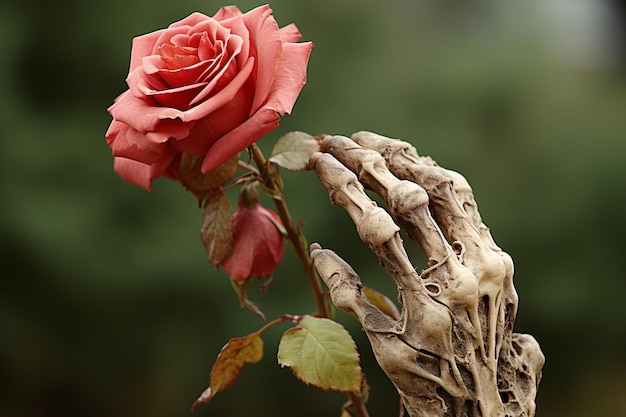 La mano dello scheletro che tiene la rosa