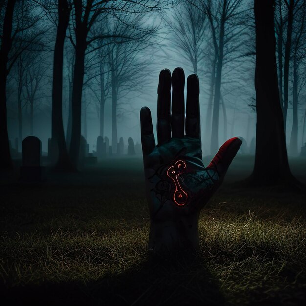 La mano dello zombie che esce da un cimitero in una notte inquietante