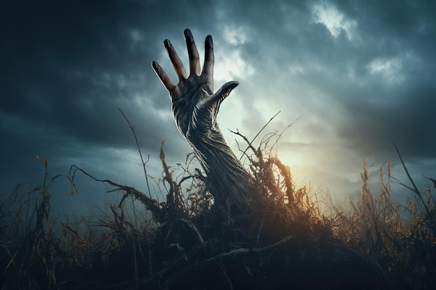 La mano dello zombie che esce da un cimitero in una notte spettrale concetto di Halloween