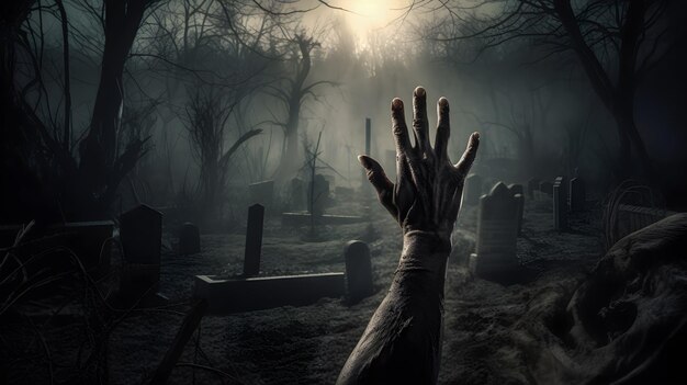 La mano dello zombie che si estende nella notte buia del cimitero horror halloween sullo sfondo generato dall'AI