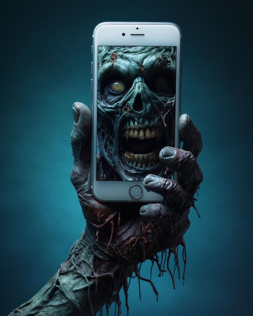 La mano dello zombie che tiene lo smartphone su uno sfondo scuro concetto di Halloween