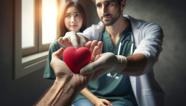 La mano di aiuto di un donatore di cuore per un paziente con malattie cardiache