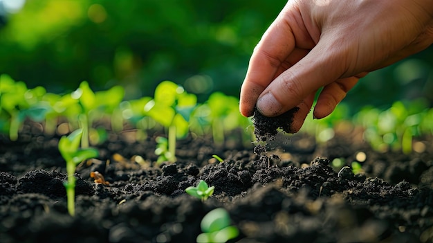 La mano di un agricoltore esperto raccoglie il suolo e controlla la salute del suolo prima della crescita un seme di verdure o piante sementi Agricoltura concetto di giardinaggio o ecologia