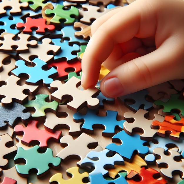 La mano di un bambino che gioca con un puzzle colorato da vicino