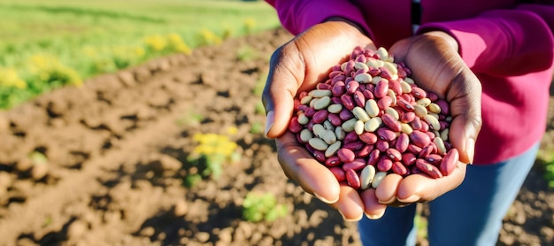 La mano di un diligente contadino che raccoglie con cura i fagioli di fagioli biologici, una vibrante rappresentazione della connessione tra natura e cibo nutriente
