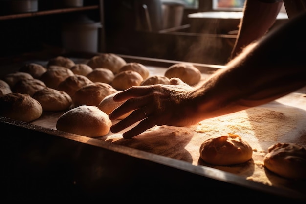 La mano di un fornaio con pane appena sfornato in un panificio rurale