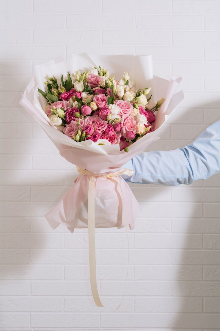 la mano di un giovane con una camicia classica blu tiene un grande mazzo di rose bianche rosa ed eustoma