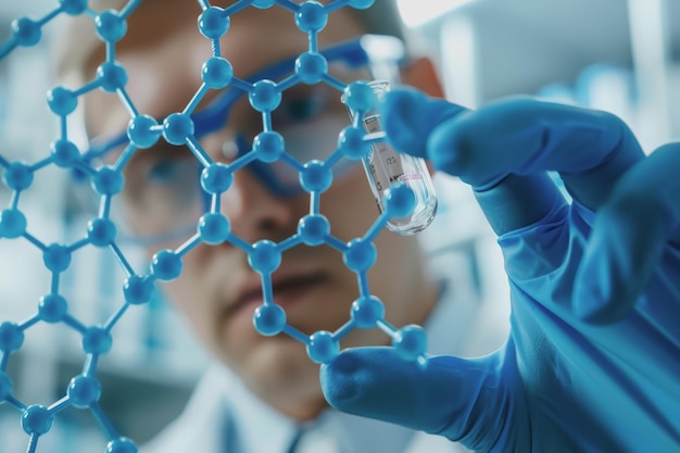 La mano di un medico scienziato tocca una struttura molecolare virtuale in laboratorio