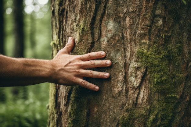 La mano di un uomo nella foresta che tocca la corteccia di un albero