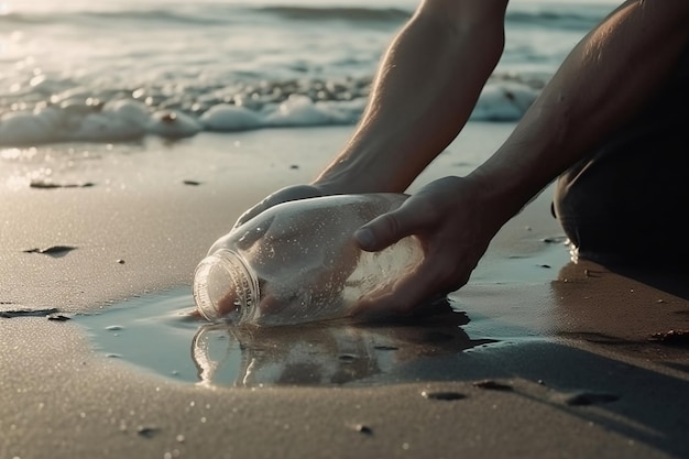 La mano di un uomo rimuove la spazzatura dalla spiaggia IA generativa