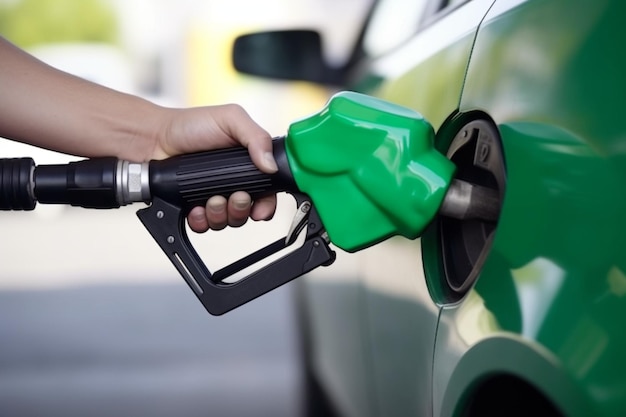 La mano di un uomo tiene l'ugello del carburante verde nel serbatoio del gas di un'auto alla stazione di servizio