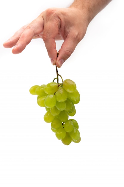 la mano di un uomo tiene un ramo di uva verde con gocce d'acqua