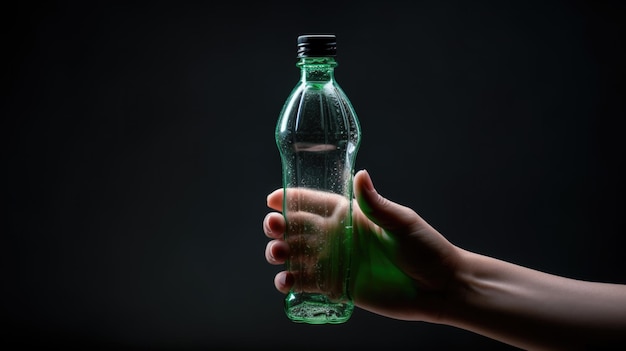 La mano di un uomo tiene una bottiglia di plastica verde