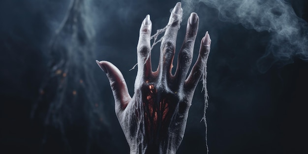 La mano di un vampiro in decomposizione, avvizzita dalla luce del giorno, rivela una storia di antiche maledizioni e rovina. Creata con strumenti di intelligenza artificiale generativa