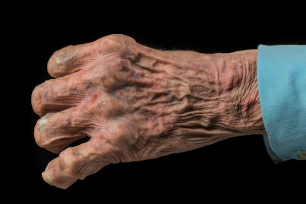 la mano di un vecchio uomo con la pelle rugosa su uno sfondo nero