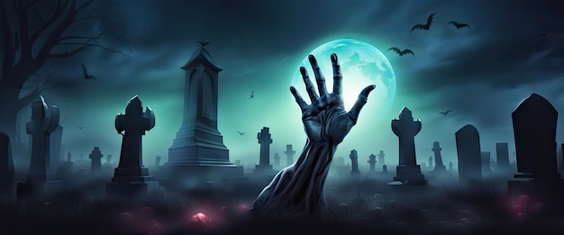 La mano di un zombie realistico che si alza da un cimitero di notte con la luna piena