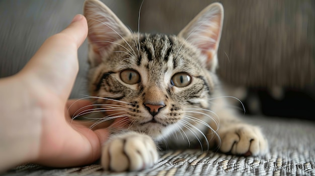 La mano di una donna che accarezza la testa di un gatto