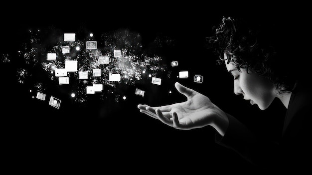 La mano di una donna che rilascia dati digitali in bianco e nero