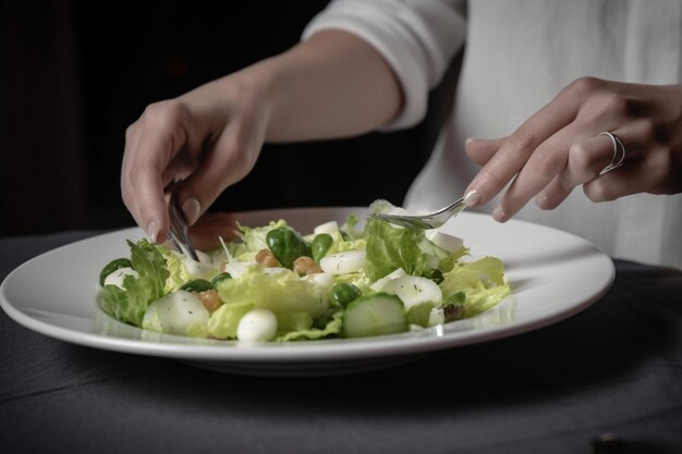 La mano di una donna che serve un'insalata