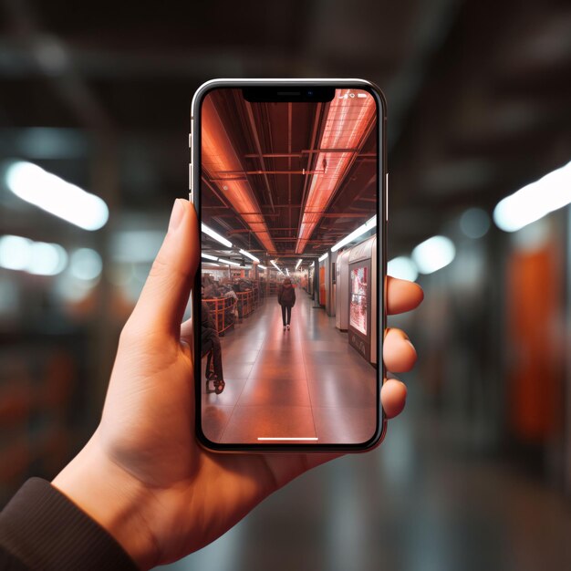 La mano di una donna che tiene un cellulare con una foto di un uomo in un tunnel della metropolitana