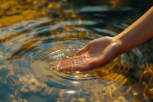 La mano di una donna che tiene una goccia d'acqua sullo sfondo del mare con l'AI generata