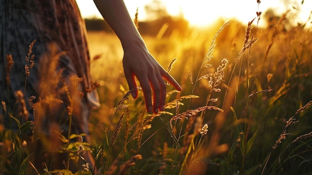 La mano di una donna che tocca l'erba alta La ragazza cammina attraverso il campo