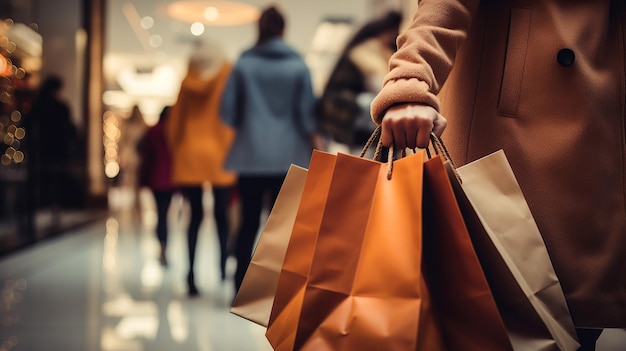 La mano di una donna d'affari tiene la borsa della spesa