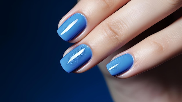 La mano di una donna di glamour con lo smalto blu sulle dita.