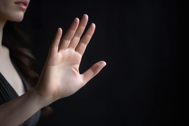 La mano di una donna è alzata a destra del viso IA generativa