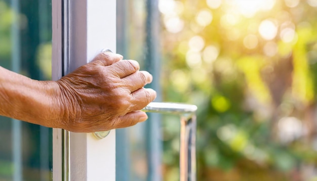 La mano di una persona anziana si aggrappa alla porta di vetro di fronte alla casa sentendosi sola e sola