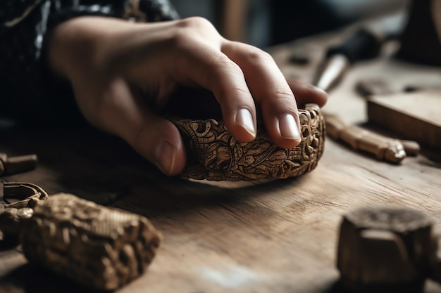 La mano di una persona sta lavorando su un pezzo di legno