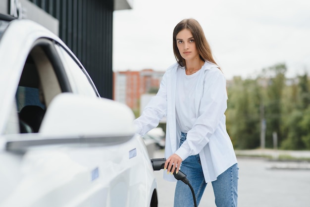 La mano di una ragazza tiene un cavo per caricare un'auto elettrica sullo sfondo di un'auto bianca