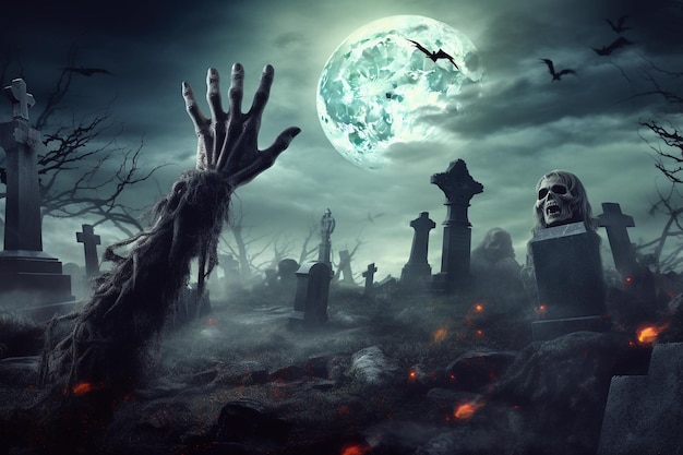La mano di uno zombie che si alza da un cimitero ad Halloween