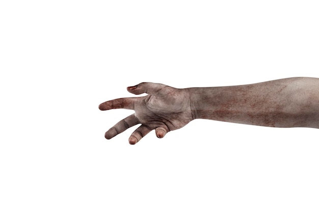 La mano di uno zombie spaventoso con sangue e ferite isolate su uno sfondo bianco