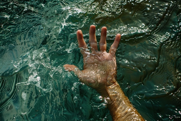 La mano disperata di una persona che sta annegando nell'acqua del mare e che ha bisogno di aiuto e soccorso