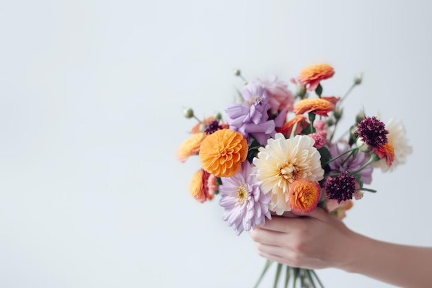 La mano femminile tiene un bellissimo bouquet di dalie e crisantemi Decorazioni per le vacanze per la festa della mamma Concetto di consegna di fiori Illustrazione di intelligenza artificiale generativa