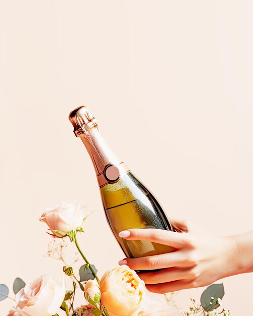 La mano femminile tiene una bottiglia di champagne su sfondo rosa con rose
