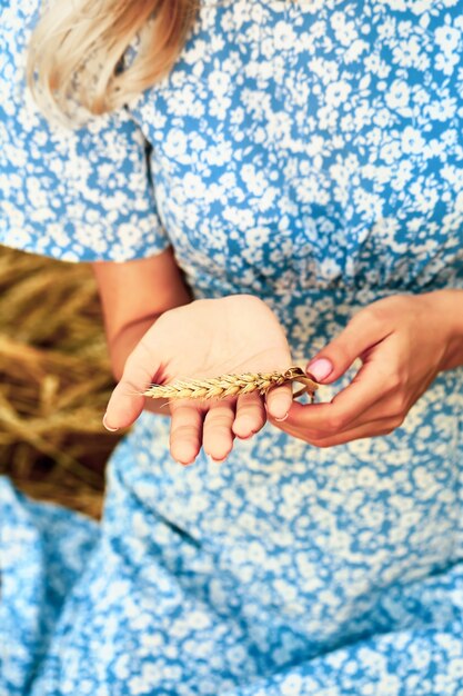La mano femminile tocca una spighetta in un campo di grano. Giovane donna in abito blu seduto in un campo di grano. avvicinamento