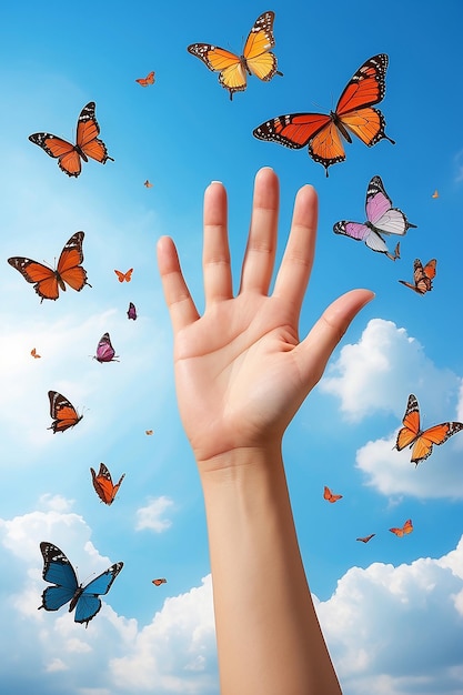 La mano graziosa di una donna e le affascinanti farfalle in volo armonioso