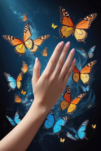 La mano graziosa di una donna e le affascinanti farfalle in volo armonioso