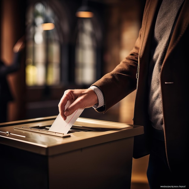 La mano lancia una scheda elettorale nell'urna elettorale votando in stile fotorealistico generato da IA di alta qualità