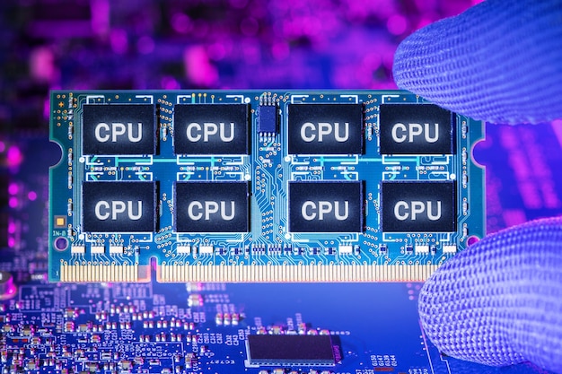 La mano nel guanto blu tiene una cpu sullo sfondo delle parti del computer