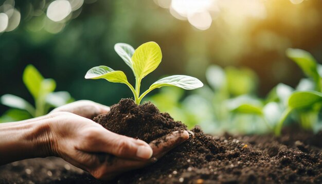 La mano nutre con tenerezza la pianta verde che germoglia dal suolo, simboleggiando la crescita, l'alimentazione e la nuova nascita.