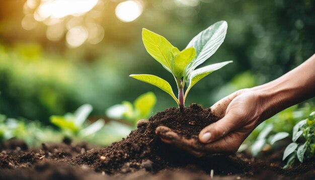 La mano nutre con tenerezza la pianta verde che germoglia dal suolo, simboleggiando la crescita, l'alimentazione e la nuova nascita.