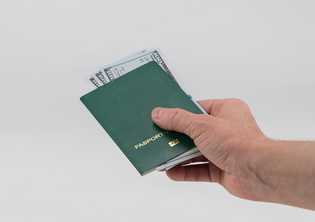 La mano porge il passaporto verde con i dollari usa. Concetto - tangente e corruzione