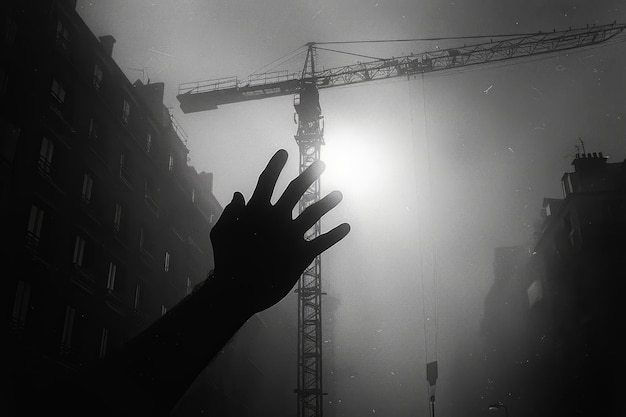 La mano raggiunge la gru nella nebbia