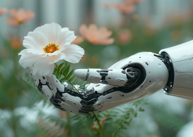 La mano robotica che tiene un fiore bianco