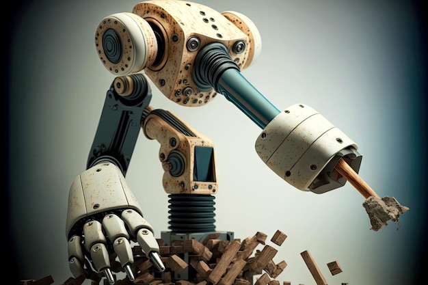 La mano robotica con il robot Android a martello aiuta nella costruzione dell'IA generativa