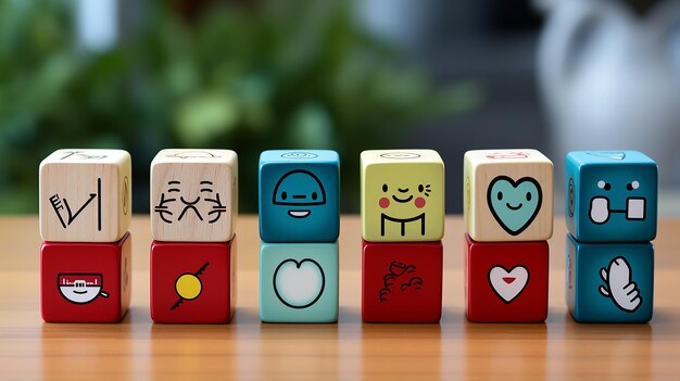 La mano sceglie un'icona emoticon simbolo medico sanitario su blocco di legno medico IA generativa